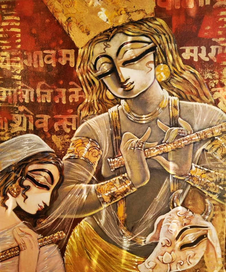 Rhythm' religious mixed-media painting by artist Subrata Ghosh, 36x30 inch, on canvas