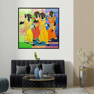 Anuradha Thakur's 'Rhythm 40 (Dancing Women)' painting visualized above a sofa in a contemporary room.