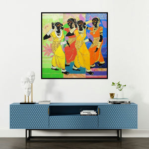 'Rhythm 40 (Dancing Women)' painting by Anuradha Thakur shown on a wall in a furnished room.