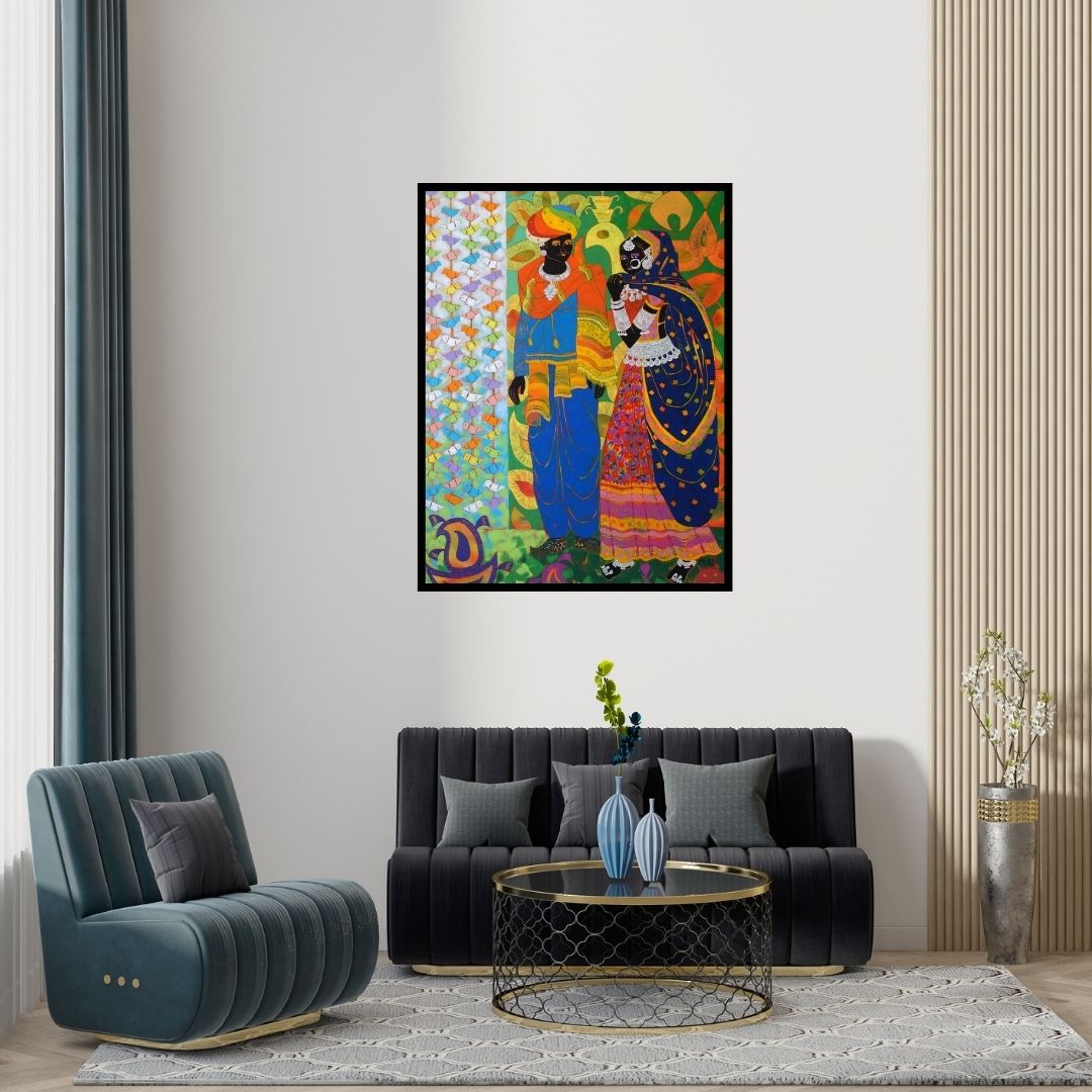 Preview of 'Rhythm 62 (Couple with Birds)' Painting by Anuradha Thakur shown on a wall in a furnished room.