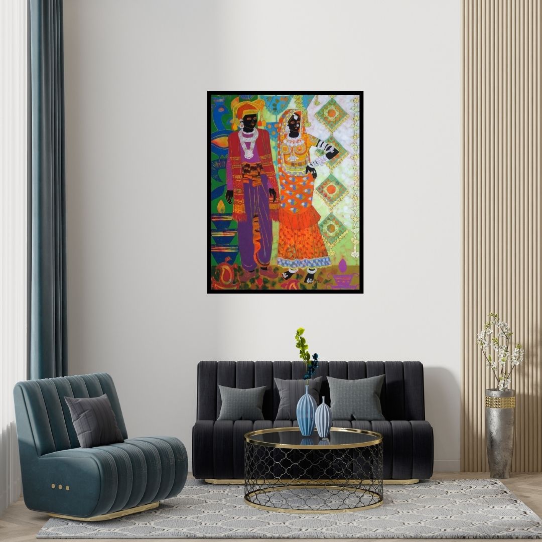Preview of 'Rhythm 72' Painting by Anuradha Thakur shown on a wall in a furnished room.