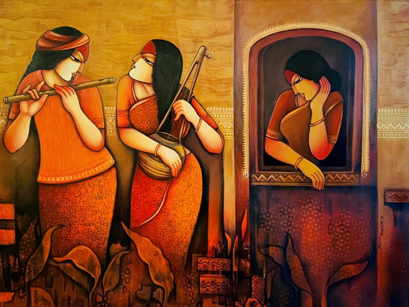Rhythm Of Devotion' figurative acrylic painting by artist Mousumi Mukherjee, 30x40 inch, on canvas