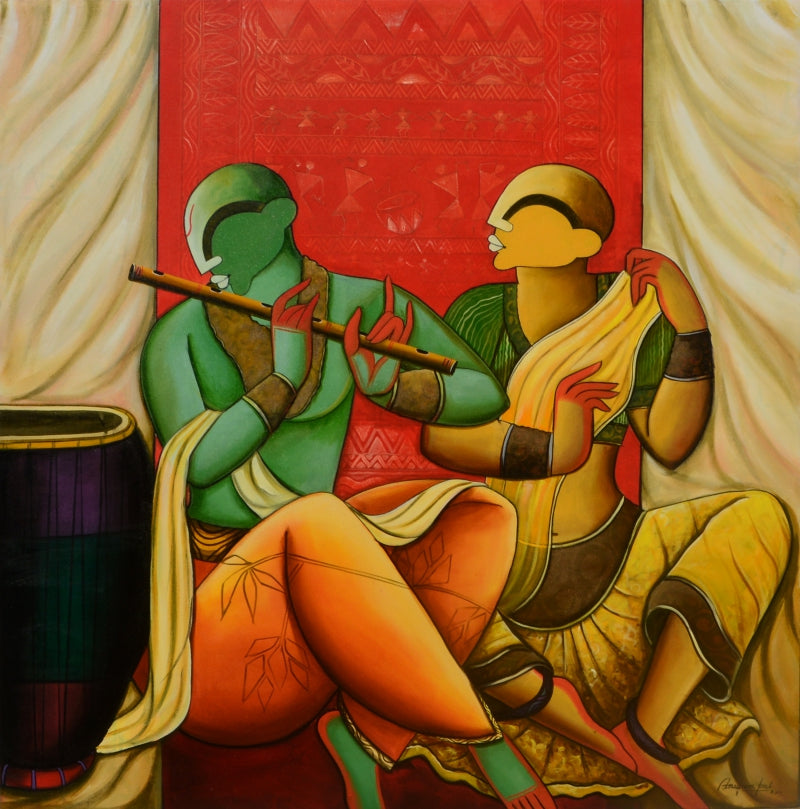 Rhythm Of Love' figurative acrylic painting by artist Anupam Pal, 48x48 inch, on canvas