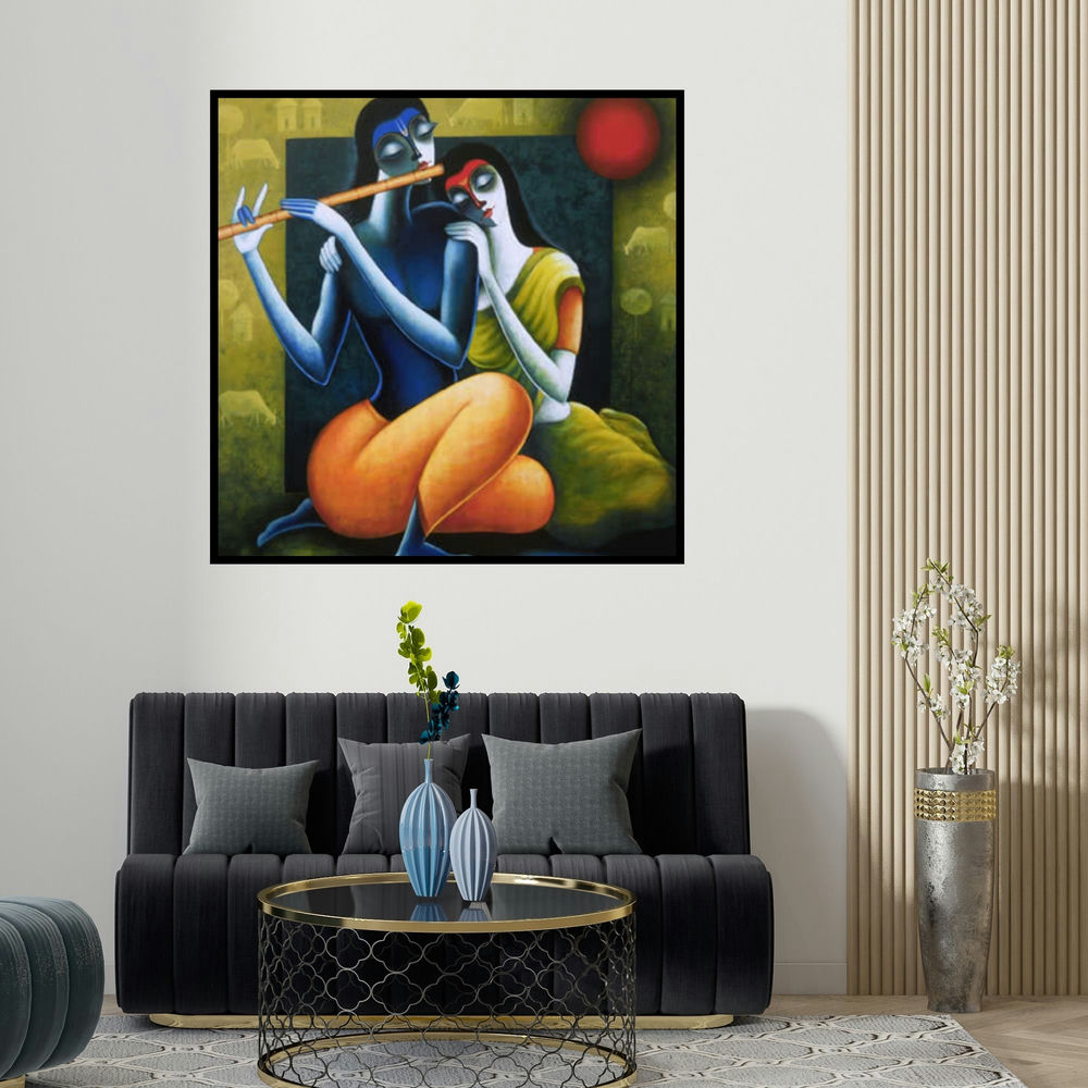 Santosh Chattopadhyay's 'Rhythm Of Love Ii' painting visualized above a sofa in a contemporary room.