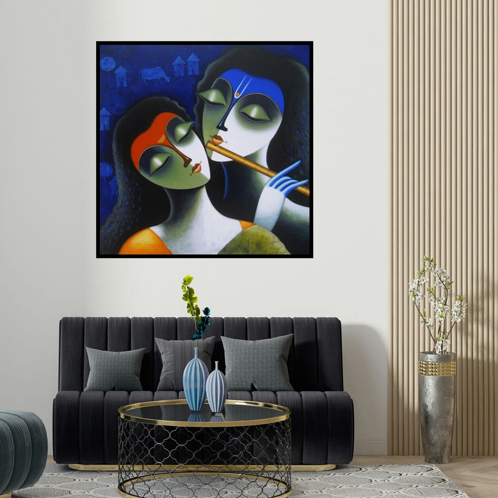 Santosh Chattopadhyay's 'Rhythm Of Love Iii' painting visualized above a sofa in a contemporary room.