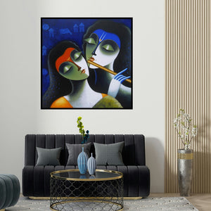 Santosh Chattopadhyay's 'Rhythm Of Love Iii' painting visualized above a sofa in a contemporary room.