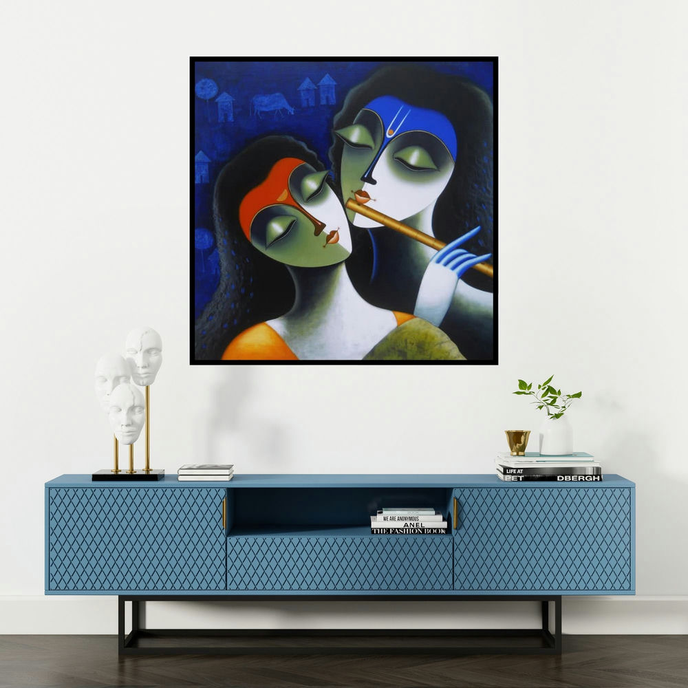 'Rhythm Of Love Iii' painting by Santosh Chattopadhyay shown on a wall in a furnished room.