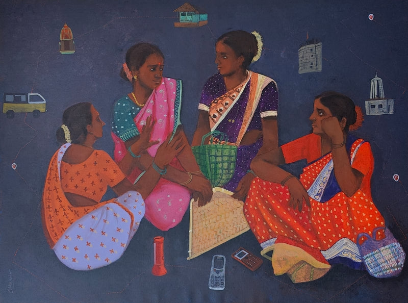 The Rhythm Of Returning' figurative acrylic painting by artist Harshada Kolapkar, 48x48 inch, on canvas