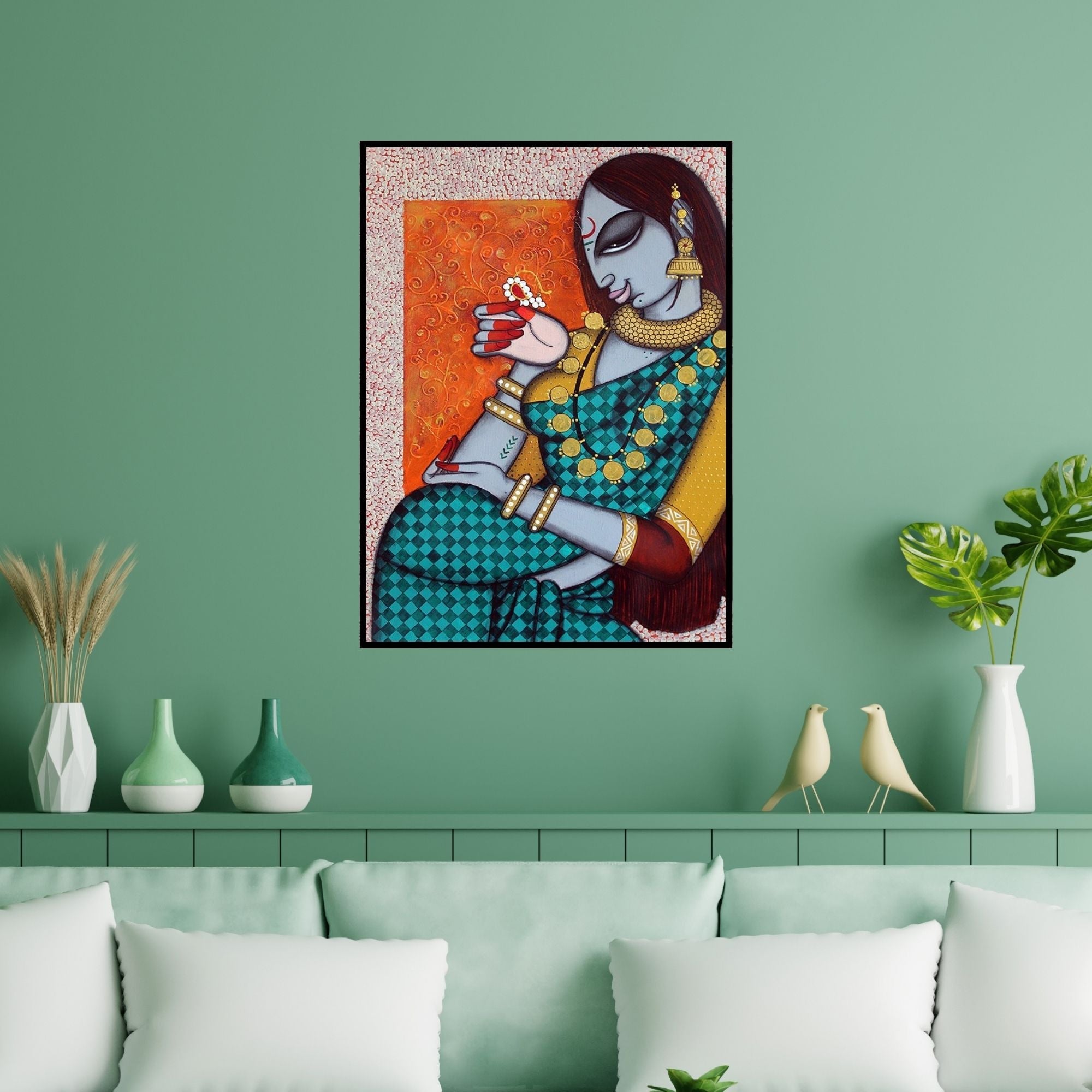 Preview of 'Rhythmic 11' Painting by Varsha Kharatamal shown on a wall in a furnished room.