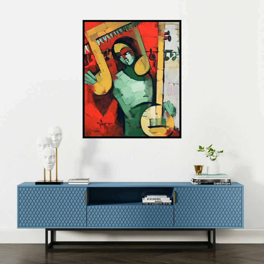 Deepa Vedpathak's 'Rhythmic 3 (Rhythmic Symphony)' painting visualized above a sofa in a contemporary room.