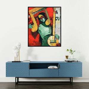 Deepa Vedpathak's 'Rhythmic 3 (Rhythmic Symphony)' painting visualized above a sofa in a contemporary room.