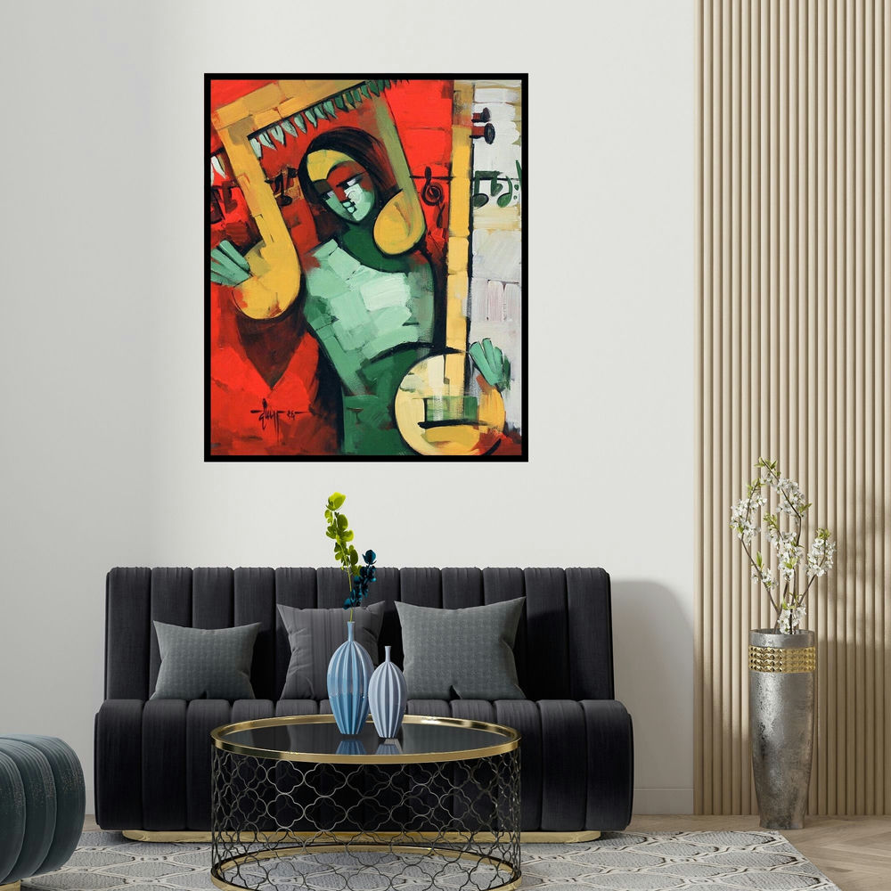 'Rhythmic 3 (Rhythmic Symphony)' painting by Deepa Vedpathak shown on a wall in a furnished room.