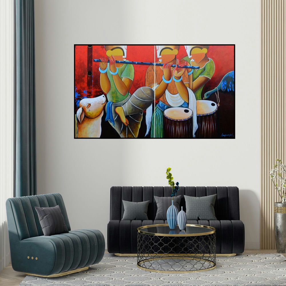 Anupam Pal's 'Rhythmic Conversation' painting visualized above a sofa in a contemporary room.