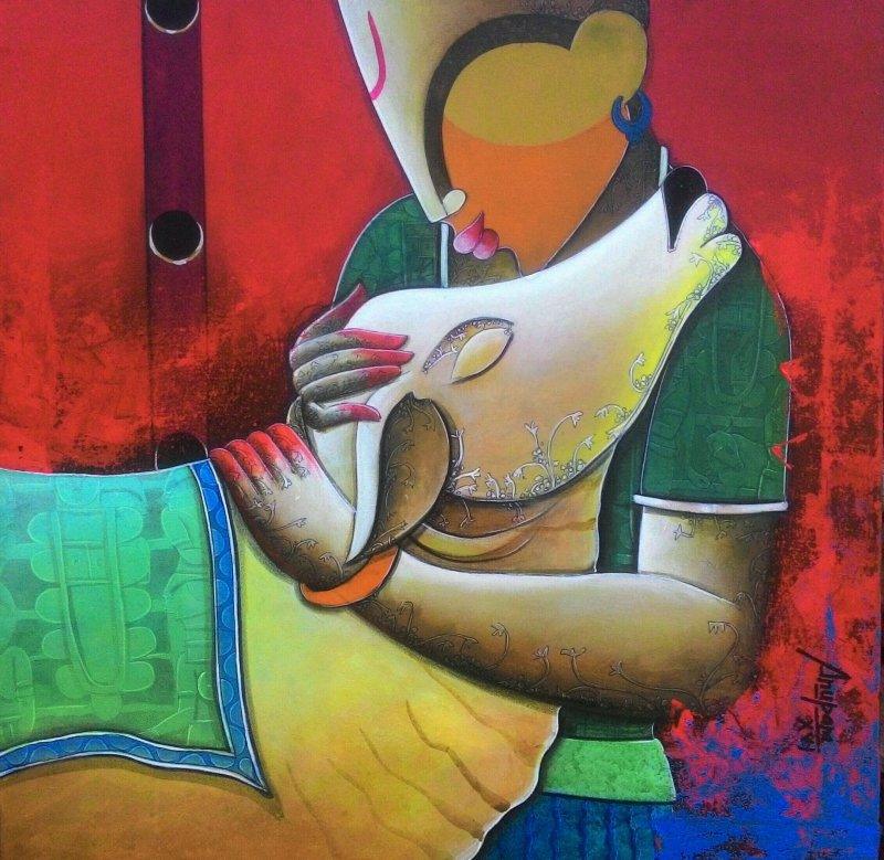 Figurative acrylic painting titled 'Rhythmic conversation 2', 24x24 inches, by artist Anupam Pal on Canvas