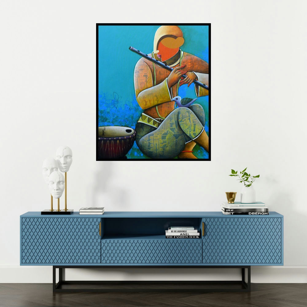 Anupam Pal's 'Rhythmic Conversation 21' painting visualized above a sofa in a contemporary room.