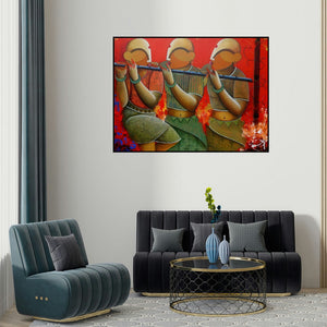 Anupam Pal's 'Rhythmic Conversation' painting visualized above a sofa in a contemporary room.
