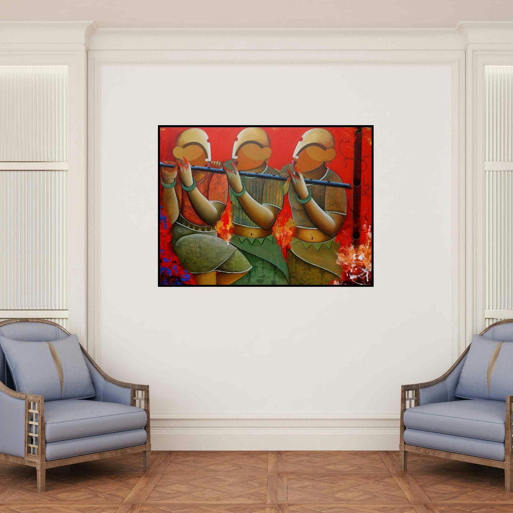 'Rhythmic Conversation' painting by Anupam Pal shown on a wall in a furnished room.