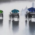 Cityscape mixed media painting titled 'Rhythmic Monsoon Ride 3', 12x18 inches, by artist Somnath Bothe on Canvas