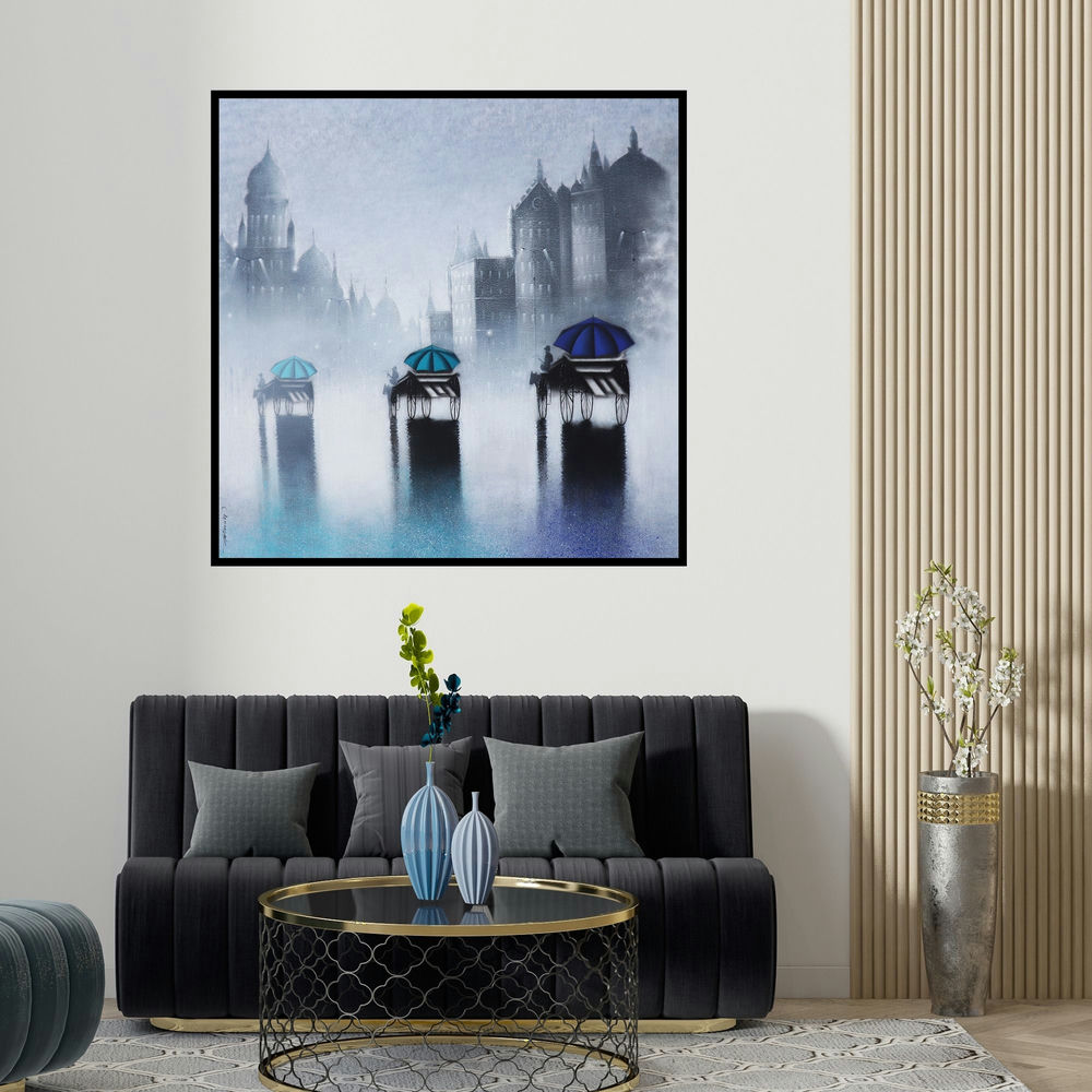 Somnath Bothe's 'Rhythmic Monsoon Ride In Mumbai' painting visualized above a sofa in a contemporary room.