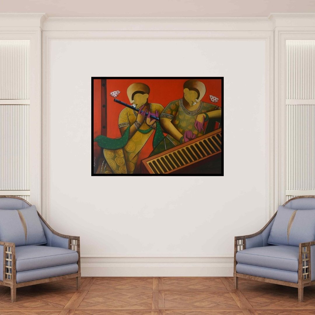In-situ view of Anupam Pal's 'Rhythmic Reverberations 2' painting in a room
