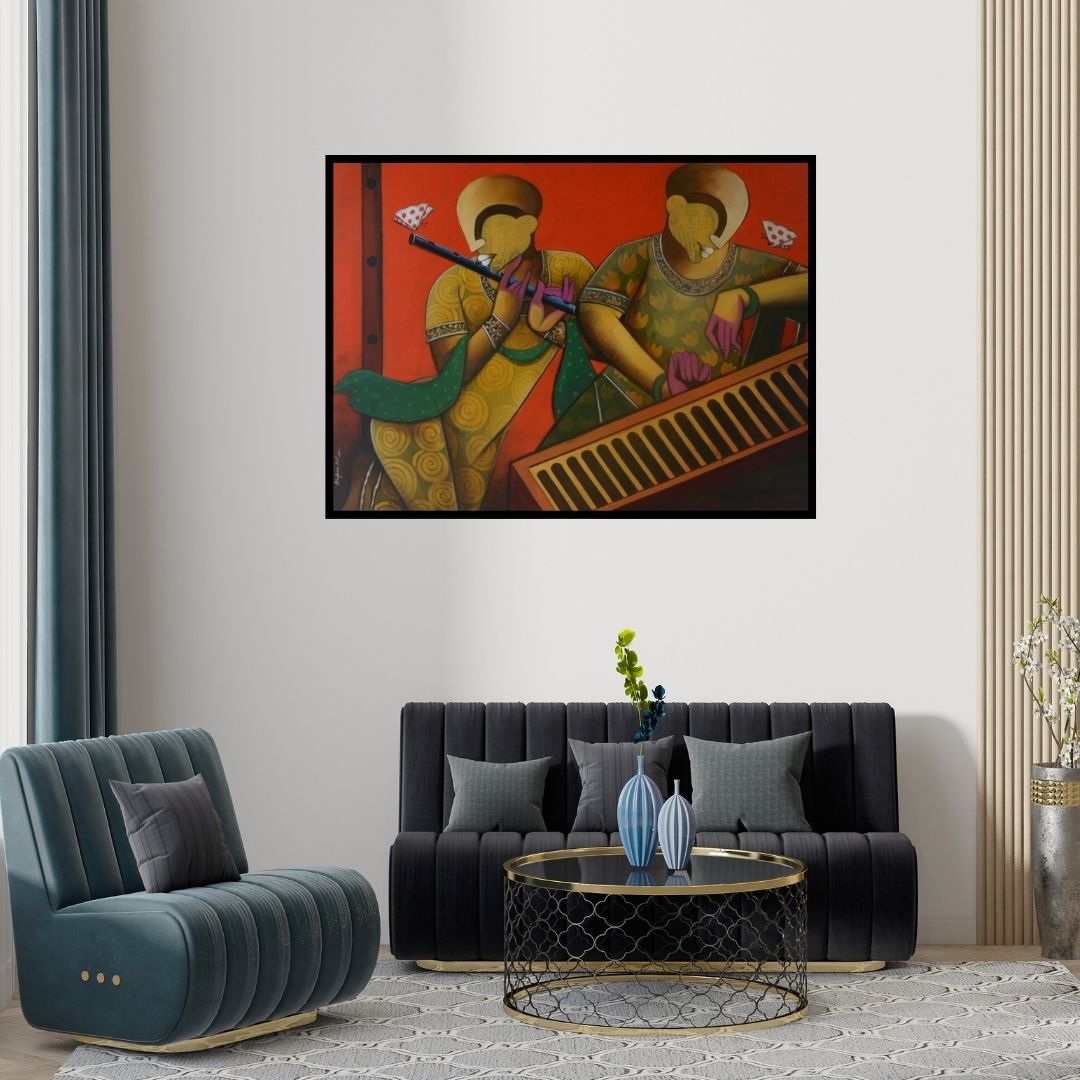 Preview of 'Rhythmic Reverberations 2' Painting by Anupam Pal shown on a wall in a furnished room.