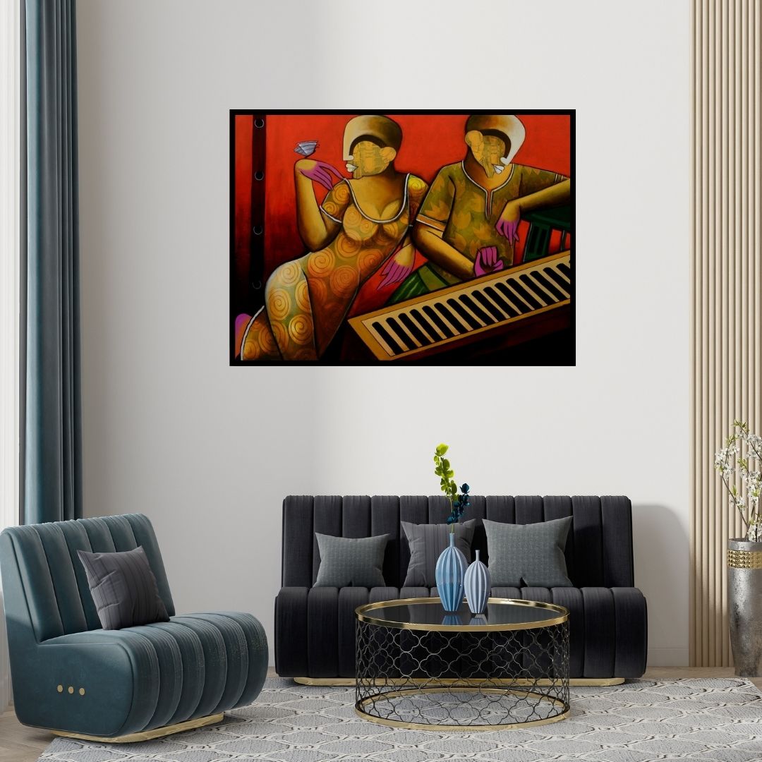 Preview of 'Rhythmic Reverberations 5' Painting by Anupam Pal shown on a wall in a furnished room.