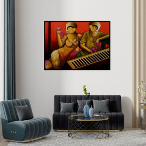 Preview of 'Rhythmic Reverberations 5' Painting by Anupam Pal shown on a wall in a furnished room.