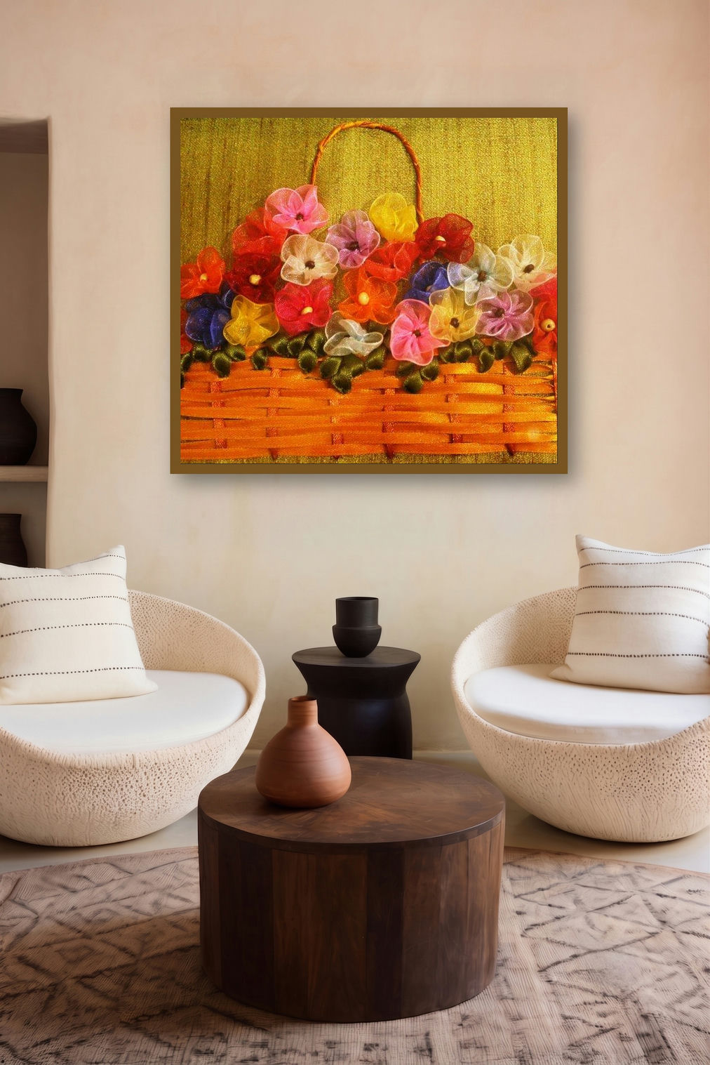 Ribbon Basket With Gathered Flowers (Ribbon Flower Basket) by artist Mohna Paranjape displayed in a Contemporary gallery