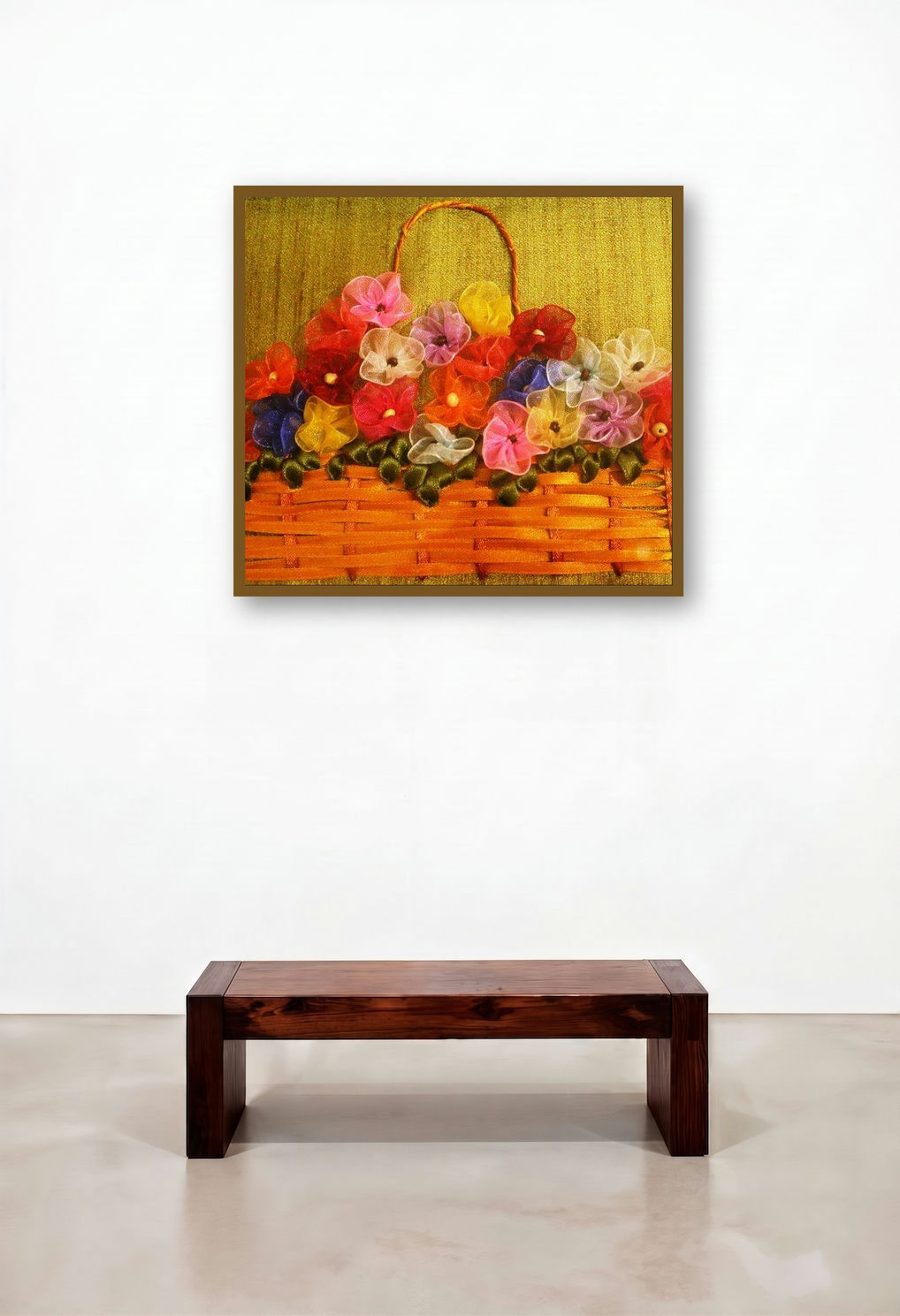 Ribbon Basket With Gathered Flowers (Ribbon Flower Basket) by artist Mohna Paranjape displayed in a Traditional Study