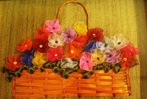 Ribbon Basket With Gathered Flowers (Ribbon Flower Basket) by Mohna Paranjape, Original Cloth Nature Painting on Cloth, X-Small Horizontal Wall Art