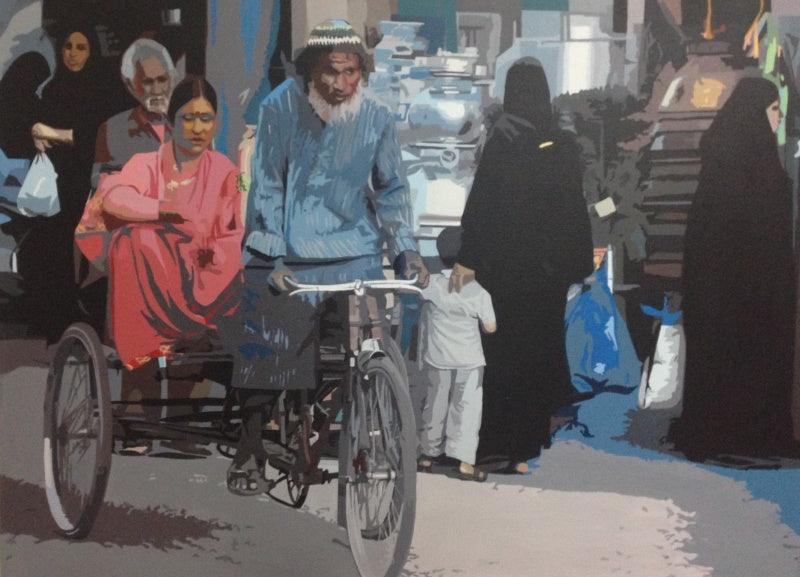 Figurative acrylic painting titled 'Rickshaw 1', 39x40 inches, by artist Fawad Tamkanat on Canvas