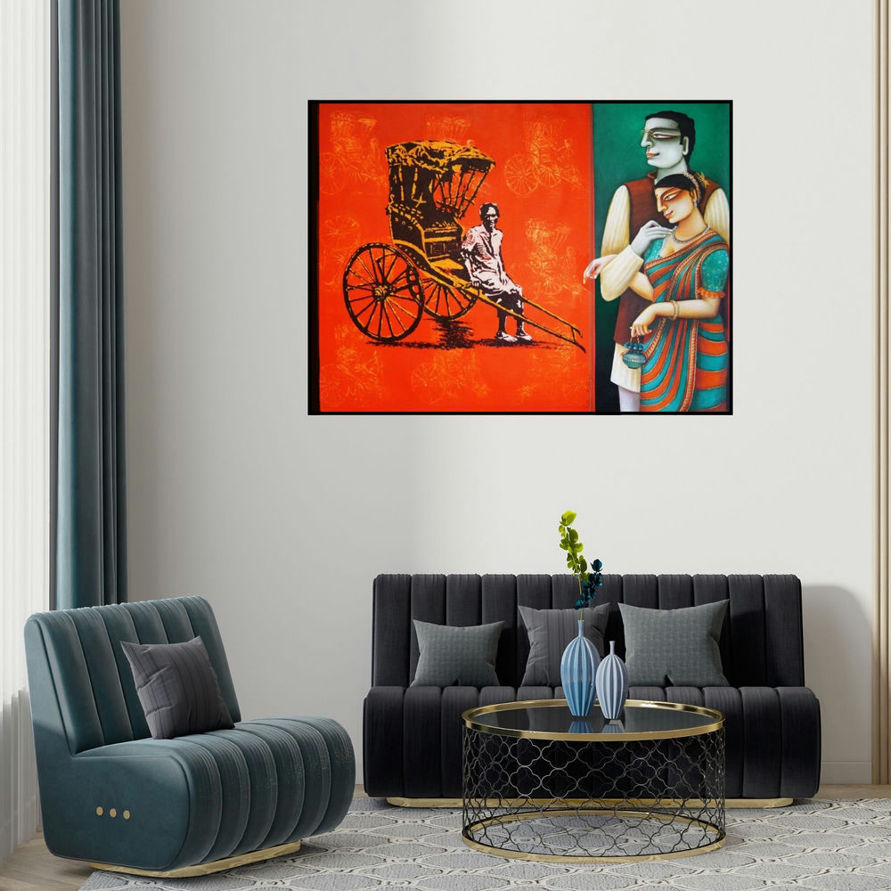 Gautam Mukherjee's 'Rickshaw' painting visualized above a sofa in a contemporary room.