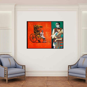 'Rickshaw' painting by Gautam Mukherjee shown on a wall in a furnished room.