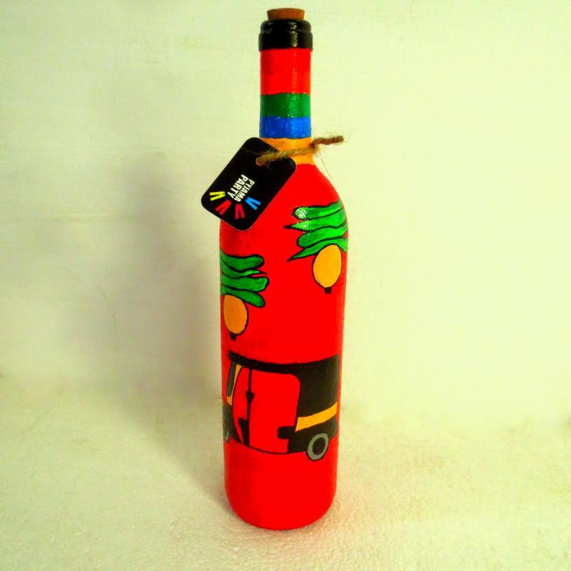 Lifestyle craft titled 'Rickshaw Hand Painted Glass Bottles', 12x3x12 inches, by artist Rithika Kumar on Recycled Glass