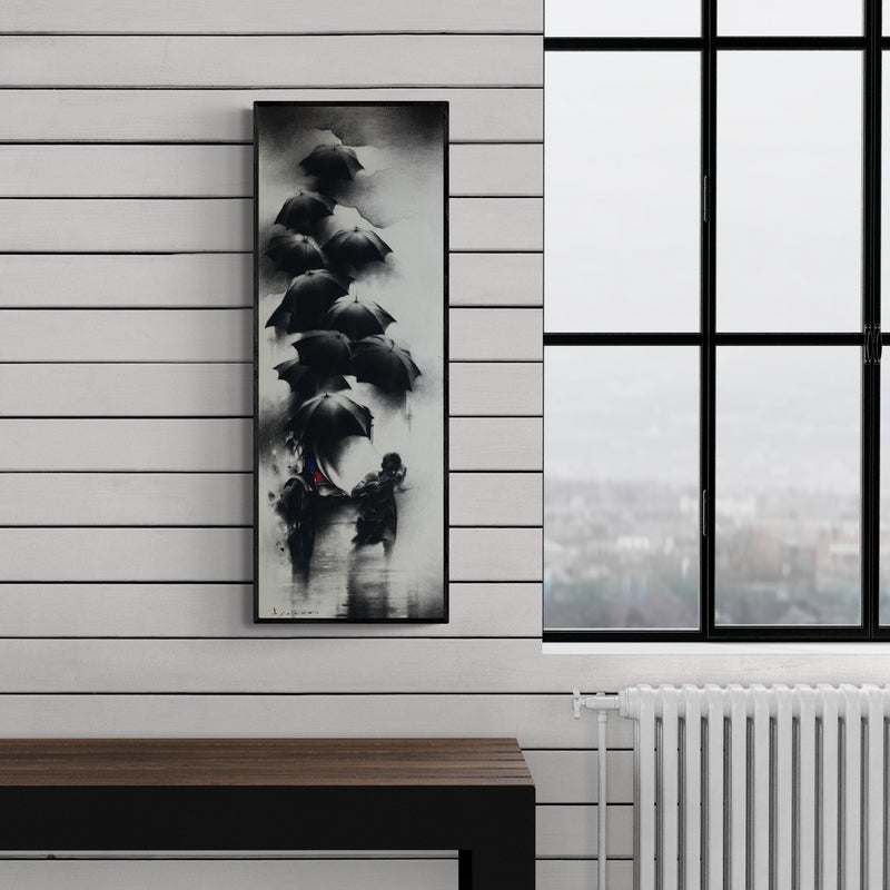 Preview of 'Rickshaw Puller 3 (Shelter from the Storm)' Painting by Ajay De shown on a wall in a furnished room.