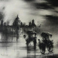 Cityscape charcoal painting titled 'Rickshaw Puller 5', 15x15 inches, by artist Ajay De on Paper