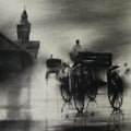 Cityscape charcoal painting titled 'Rickshaw Puller 6', 15x15 inches, by artist Ajay De on Paper