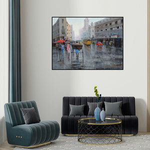 Purnendu Mandal's 'Rickshaw Puller In Kolkata 5' painting visualized above a sofa in a contemporary room.