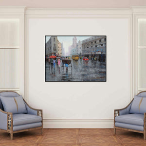 'Rickshaw Puller In Kolkata 5' painting by Purnendu Mandal shown on a wall in a furnished room.