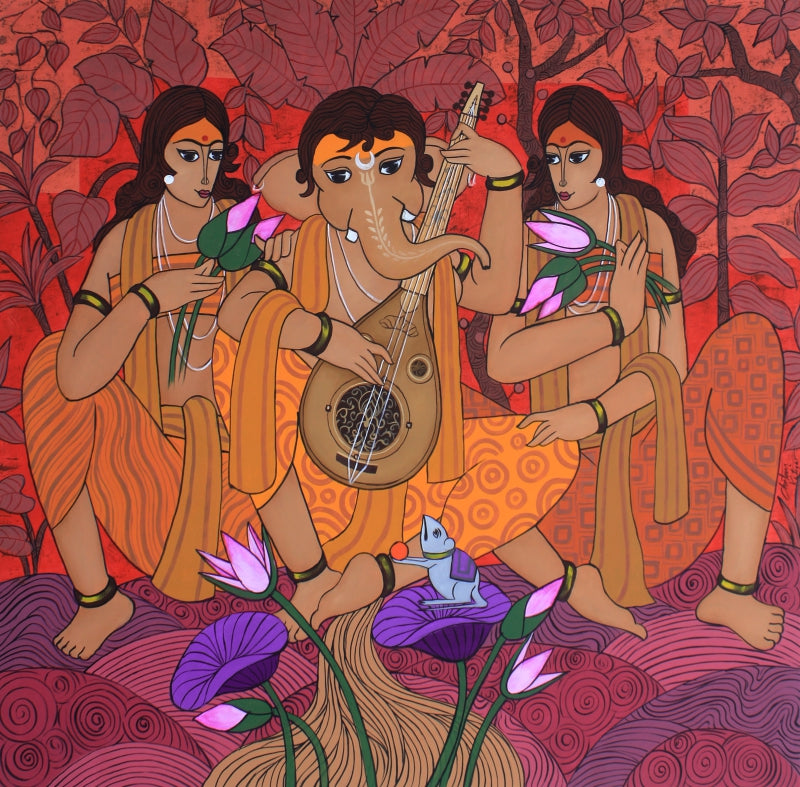 Riddhi Siddhi Ganesha' religious acrylic painting by artist Chetan Katigar, 49x49 inch, on canvas