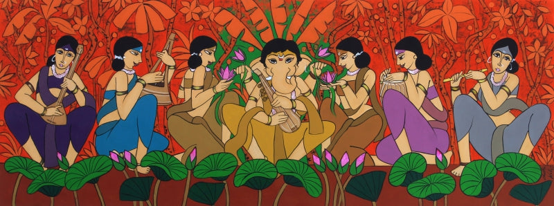 Riddhi Siddhi Ganesha 1' religious acrylic painting by artist Chetan Katigar, 22x58 inch, on canvas