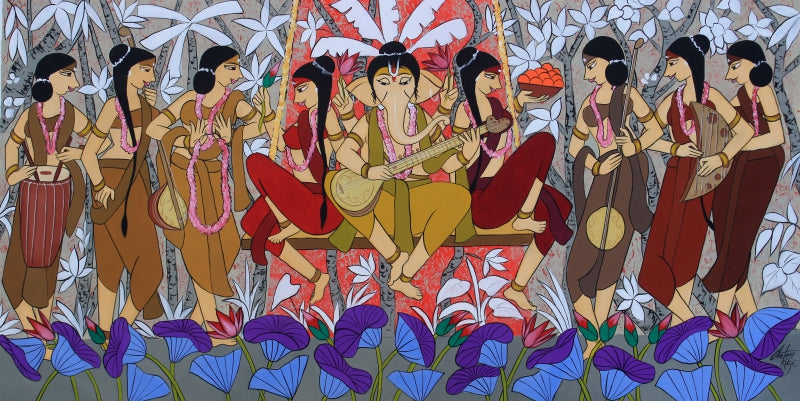 Riddhi Siddhi Ganesha 2' religious acrylic painting by artist Chetan Katigar, 37x72 inch, on canvas