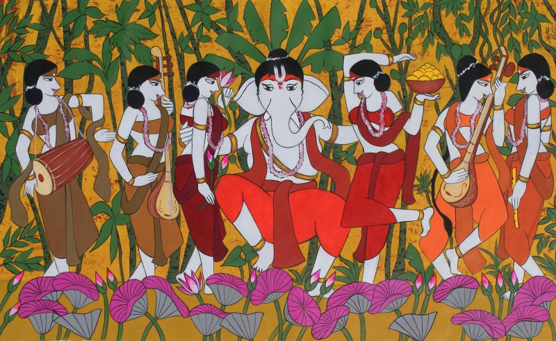 Riddhi Siddhi Ganesha' religious acrylic painting by artist Chetan Katigar, 38x62 inch, on canvas