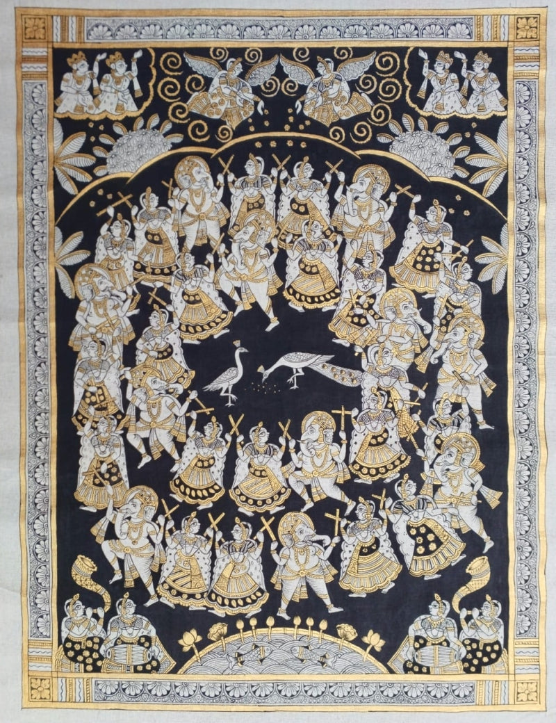 Riddhi Siddhi Ganesha Raas' religious phad traditional Art by artist Abhishek Joshi, 34x24 inch, on handmade cotton canvas