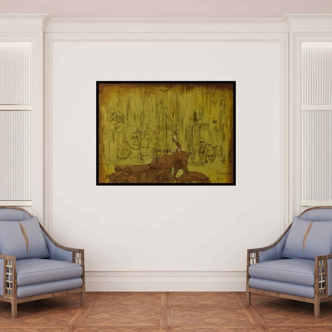 In-situ view of Durshit Bhaskar's 'Rider (Wheels of Destiny)' painting in a room