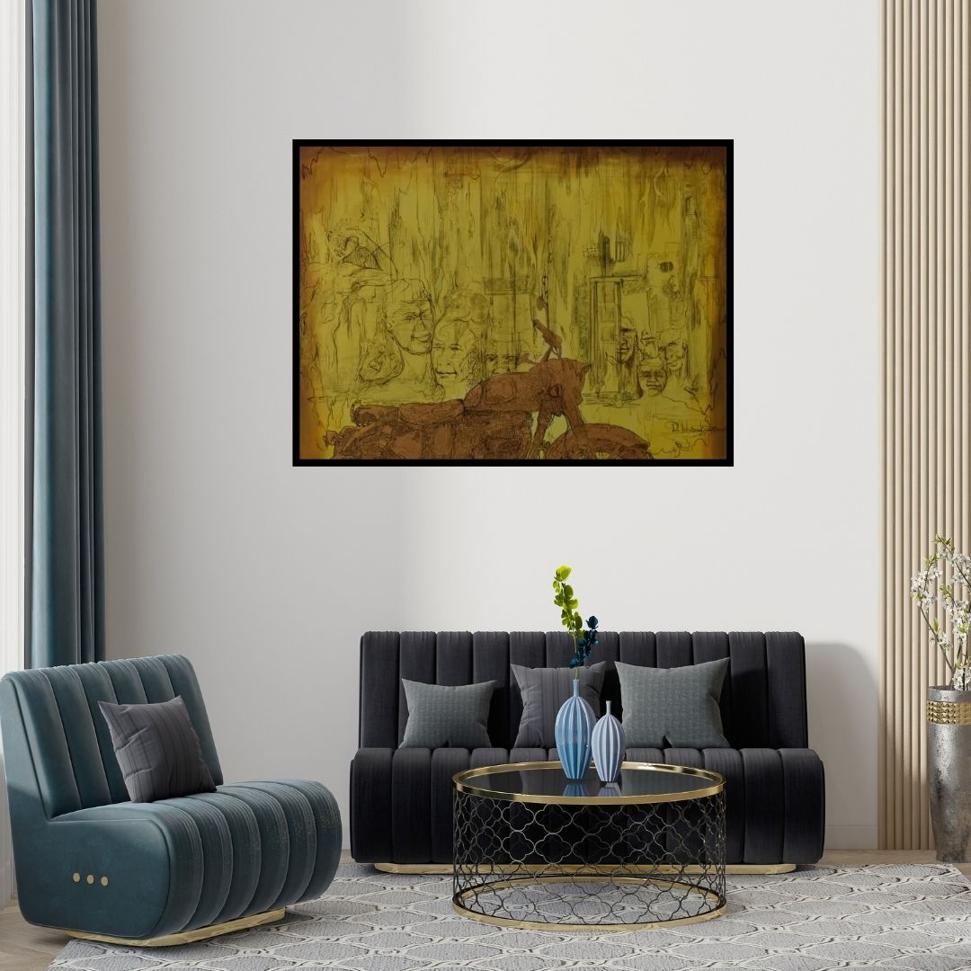 Preview of 'Rider (Wheels of Destiny)' Painting by Durshit Bhaskar shown on a wall in a furnished room.
