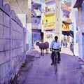 Cityscape watercolor painting titled 'Riding Down The Bylanes', 14x10 inches, by artist Ramesh Jhawar on Paper