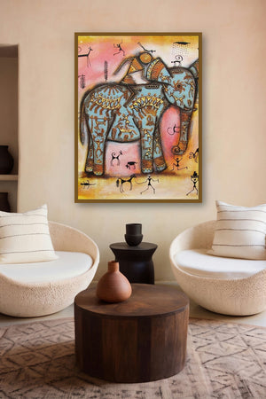 Riding Elephant Tribal Painting Blue by artist Pradeep Swain displayed in a Luxury gallery