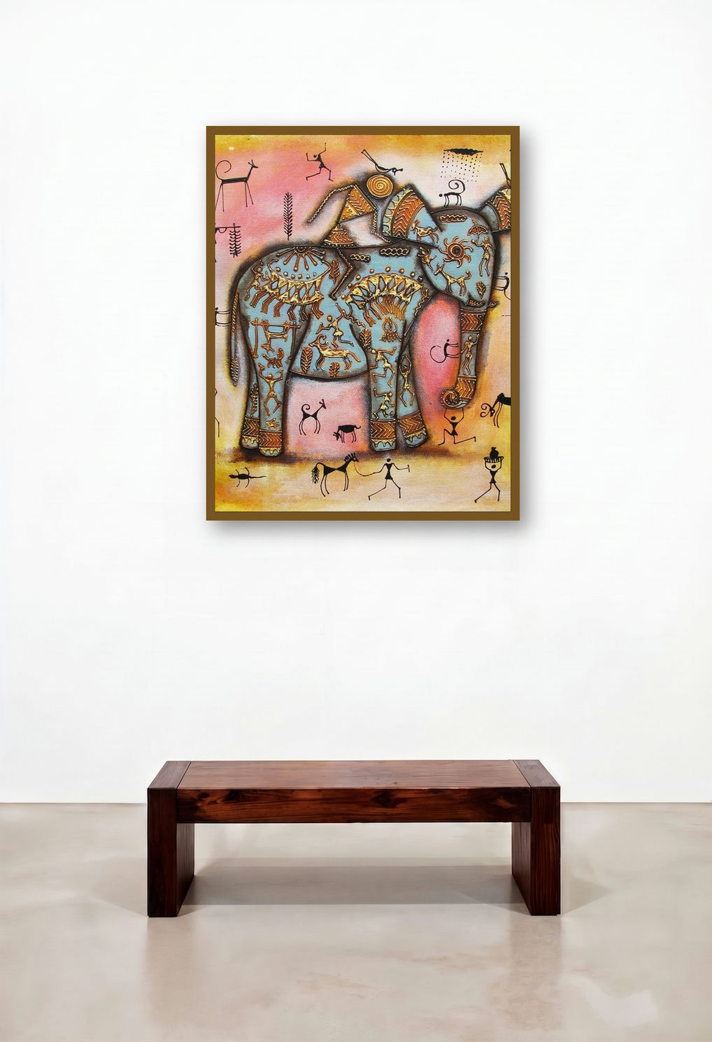 Riding Elephant Tribal Painting Blue by artist Pradeep Swain displayed in a Art Deco Executive Office