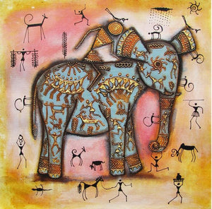 Riding Elephant Tribal Painting Blue by Pradeep Swain, Original Acrylic Animal Painting on Canvas, Small Square Wall Art